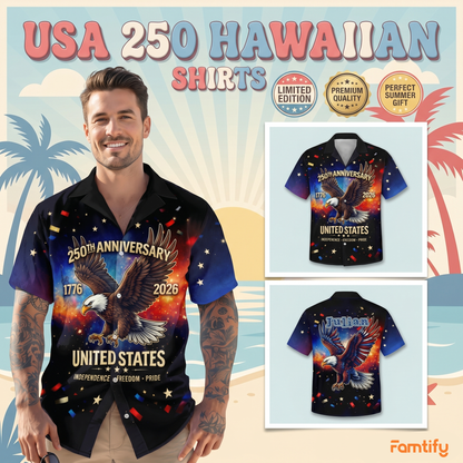 Personalized USA 250th Anniversary Hawaiian Shirt – 250 Years of Freedom Eagle Custom Name Shirt