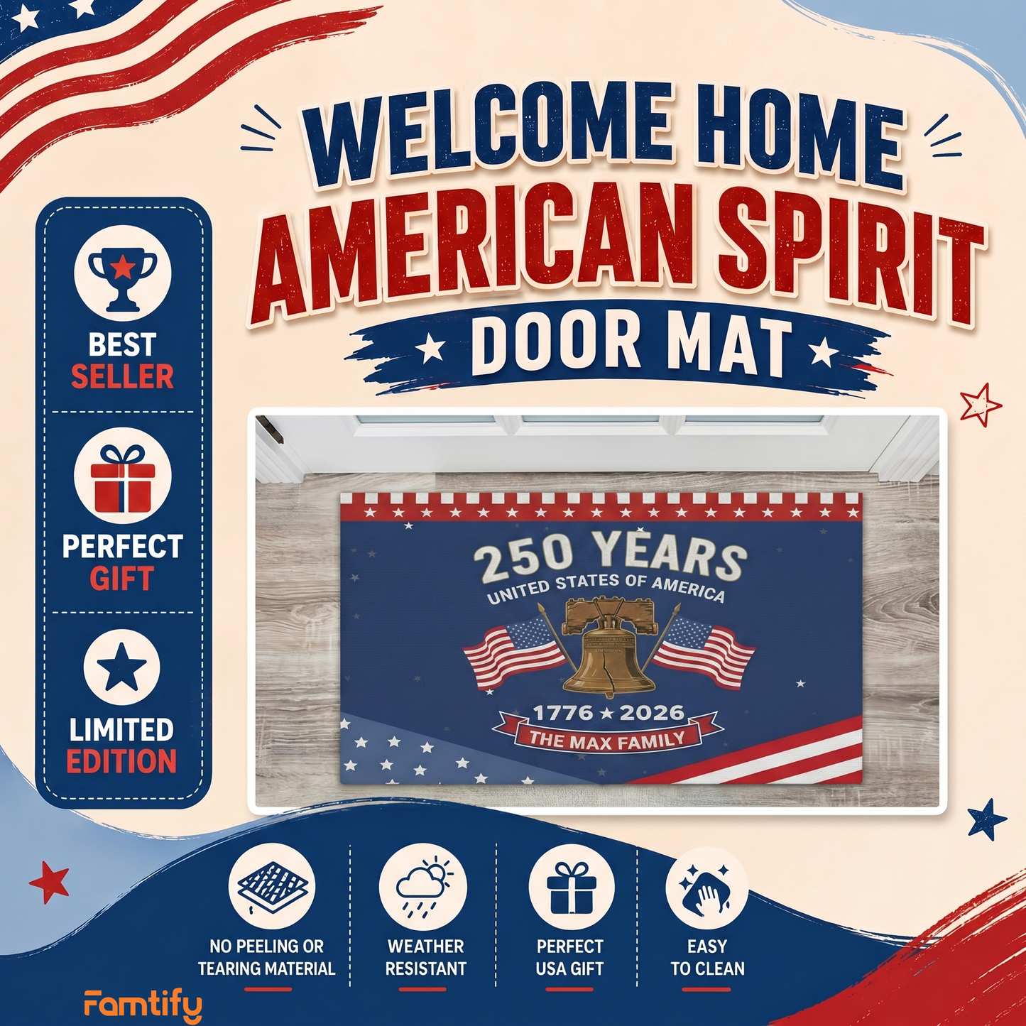 USA Semiquincentennial 250 Years Personalized Doormat - Patriotic Home Welcome Mat