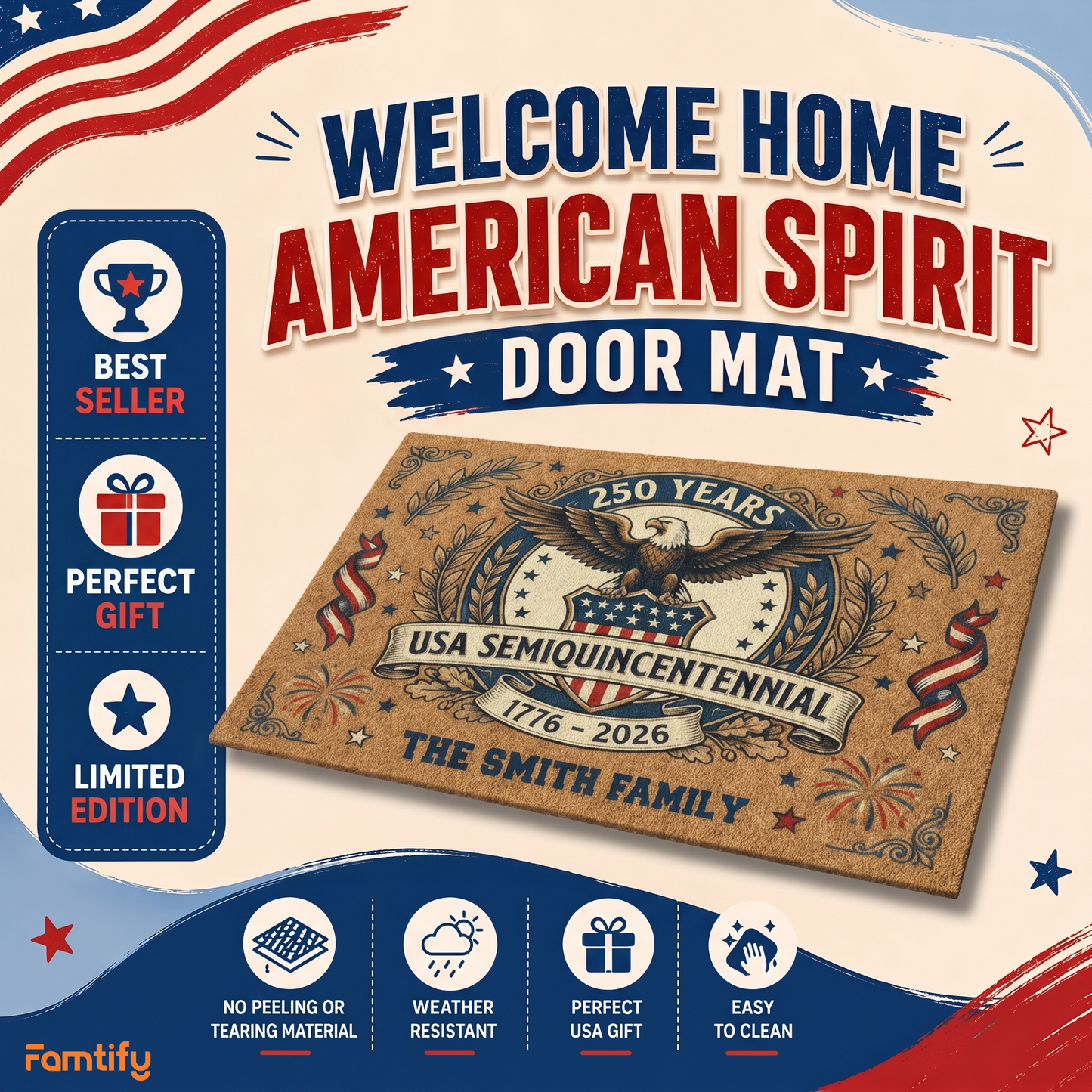 Personalized Family Name USA 250th Anniversary Doormat 1776-2026 Patriotic Welcome Mat