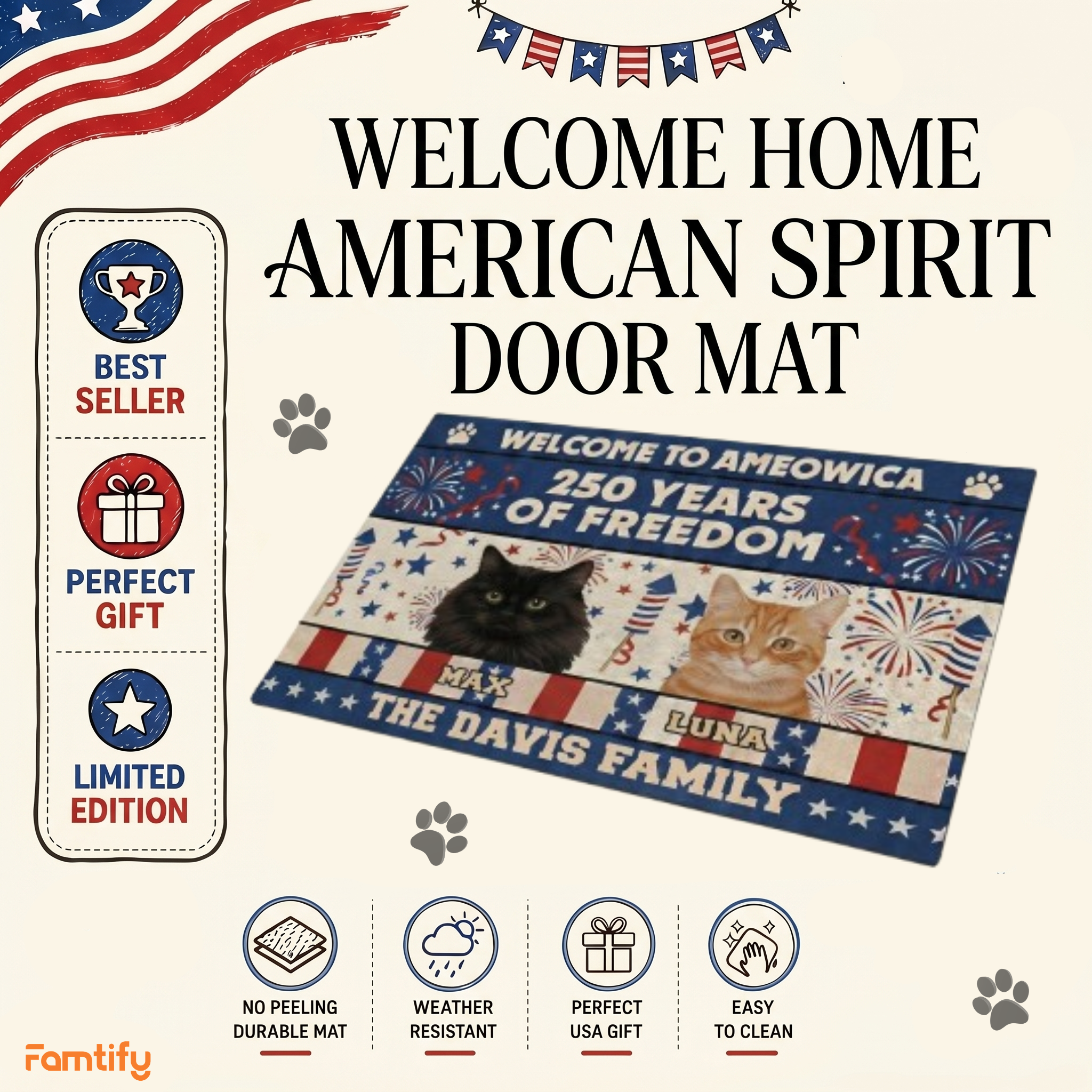 Custom Cat Photo Doormat Welcome to Ameowica 1776-2026 Patriotic Mat