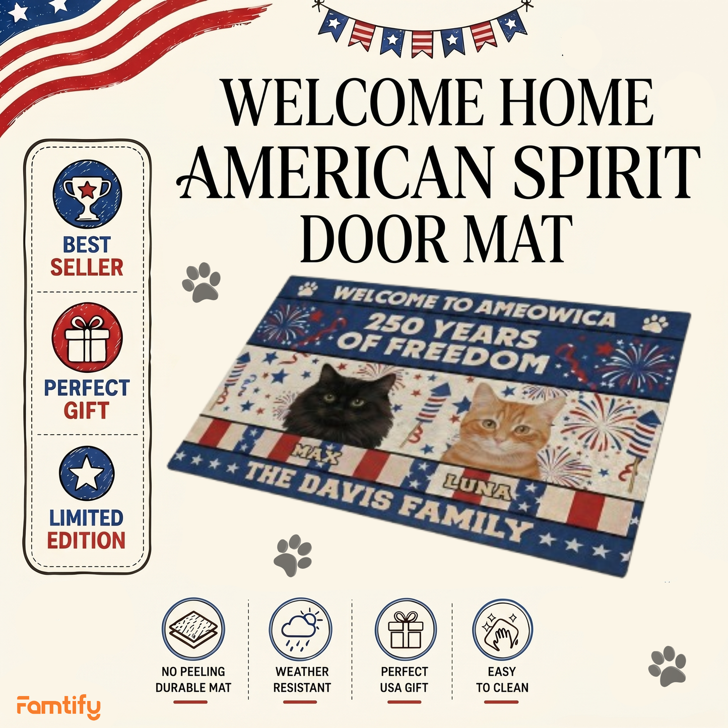 Custom Cat Photo Doormat Welcome to Ameowica 1776-2026 Patriotic Mat