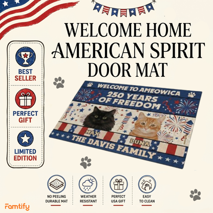 Custom Cat Photo Doormat Welcome to Ameowica 1776-2026 Patriotic Mat