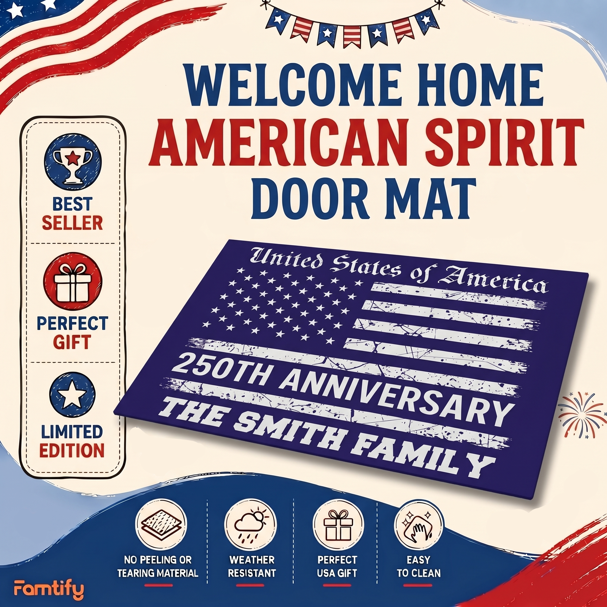 USA 250th Anniversary Doormat 1776-2026 Patriotic Welcome Mat