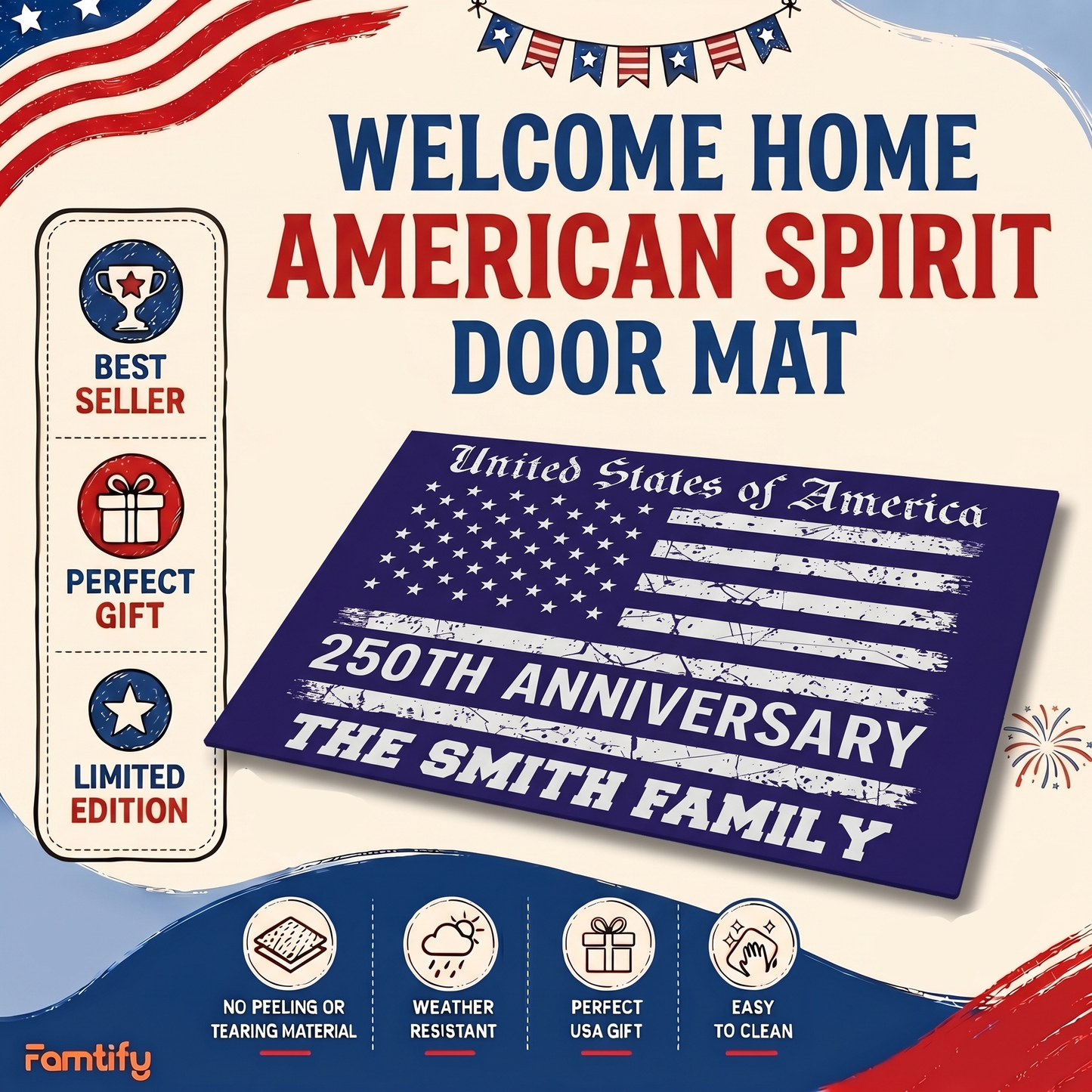 USA 250th Anniversary Doormat 1776-2026 Patriotic Welcome Mat