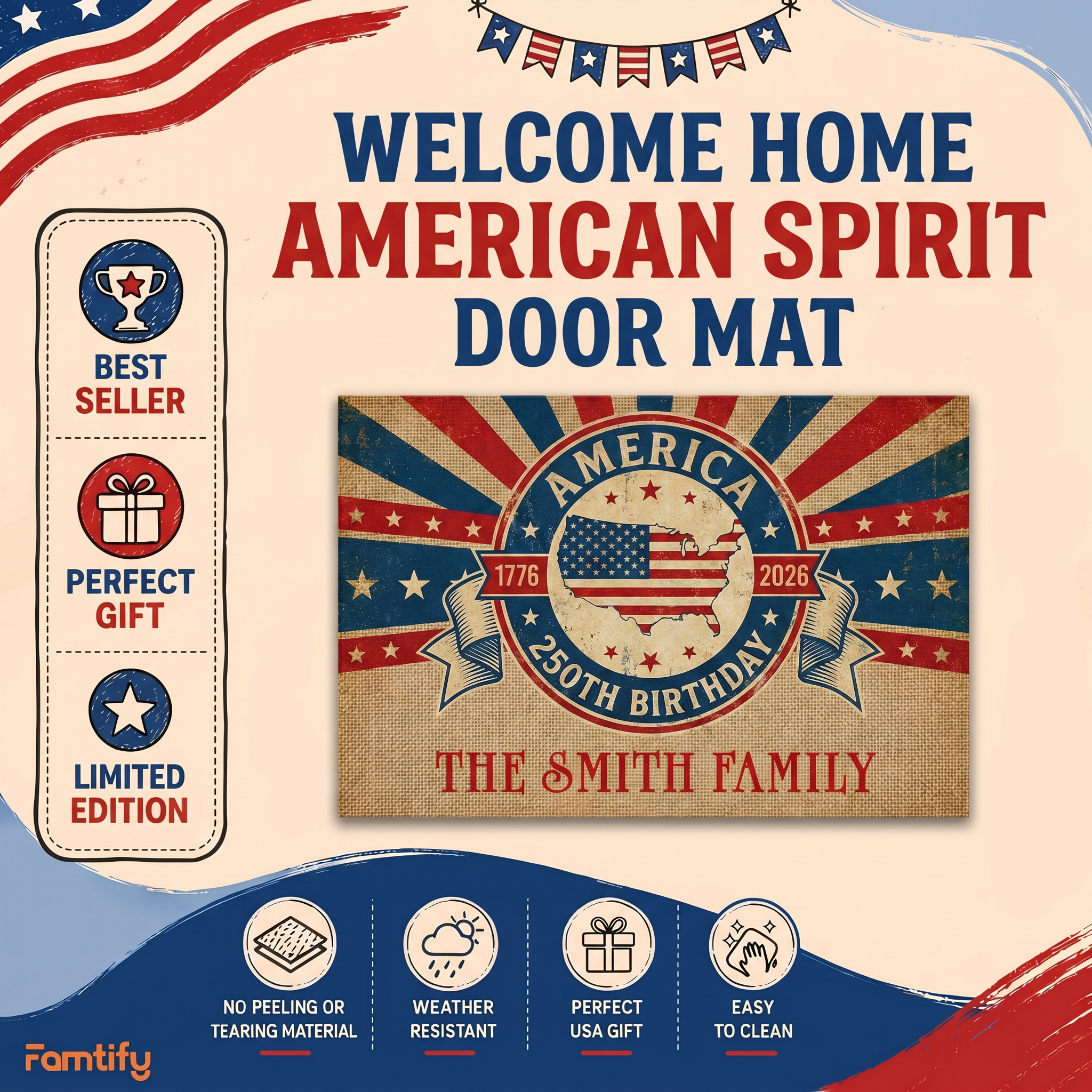 Personalized Family Name 250th Anniversary America Welcome Mat