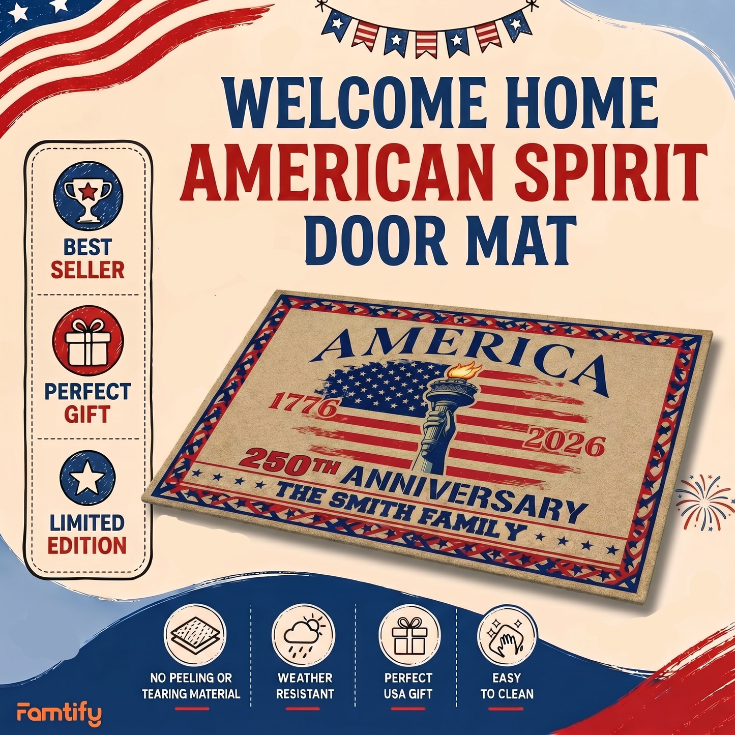 Custom Family Name 250th Anniversary America Welcome Rug