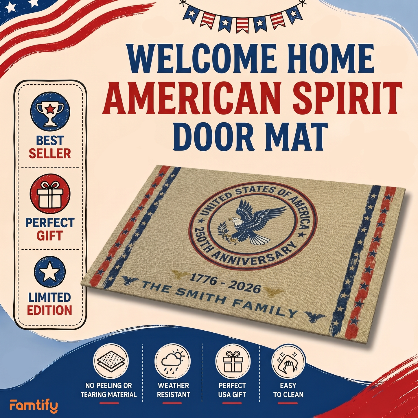 USA Semiquincentennial 1776-2026 Custom Family Name Doormat
