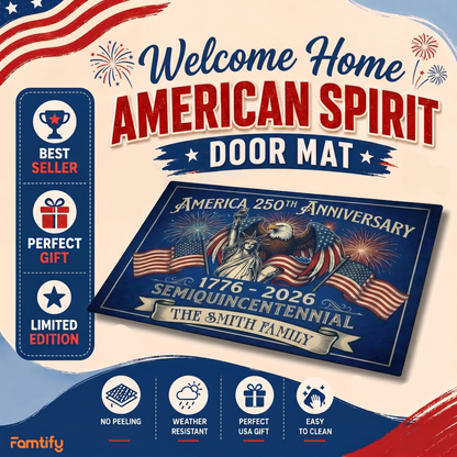 250th Anniversary America Doormat - Personalized Family Name Welcome Rug