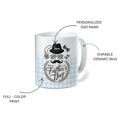 Personalized Happy Father’s Day Mug – Custom Name Ceramic Coffee Cup, Vintage Style Gift for Dad