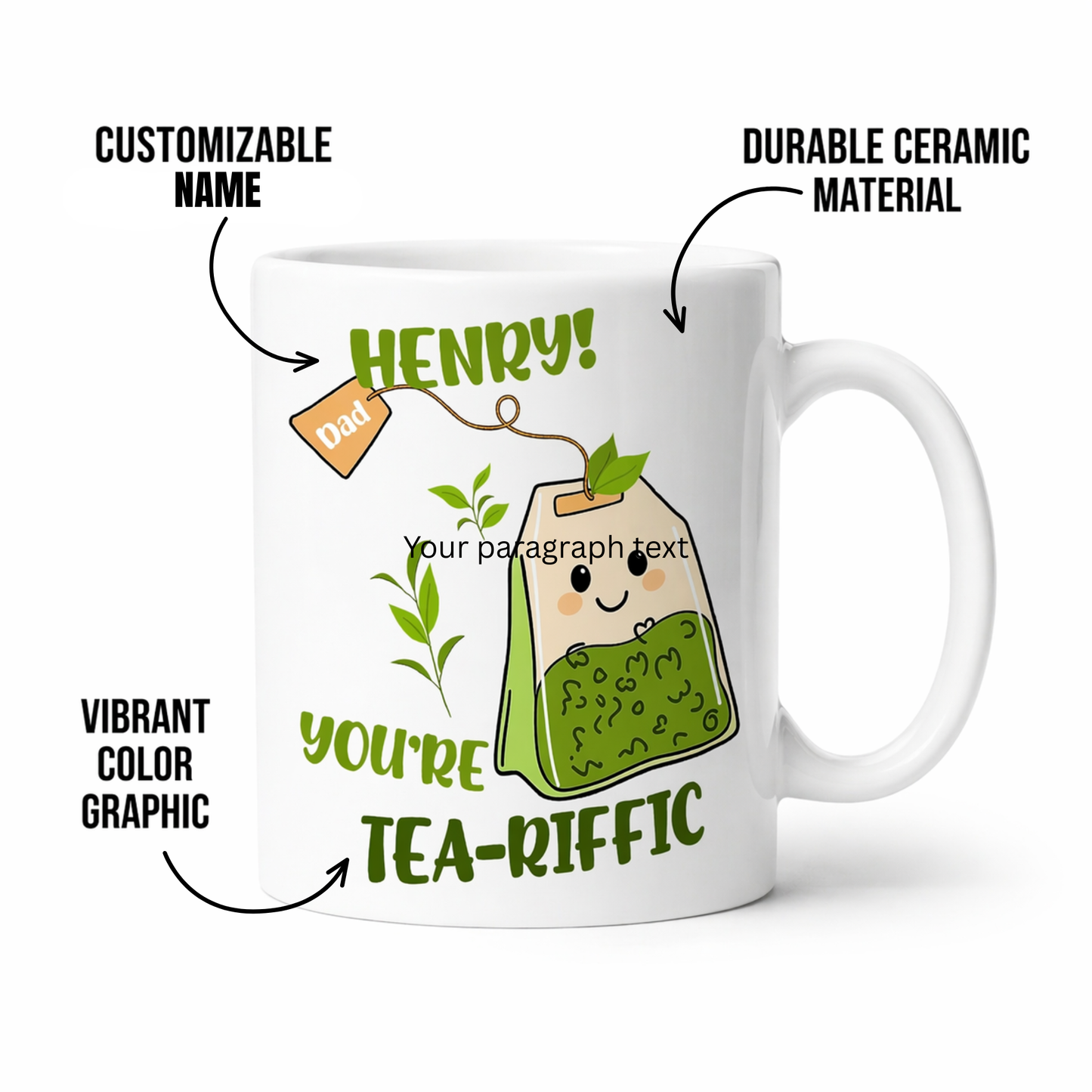 Personalized Tea-riffic Mug for Dad – Custom Name Ceramic Mug, Funny Gift for Father, Birthday Gift Idea
