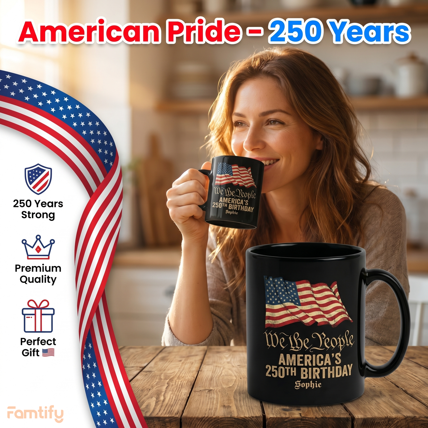 We The People America’s 250th Birthday Personalized Black Mug – USA 1776-2026 Patriotic Flag Mug