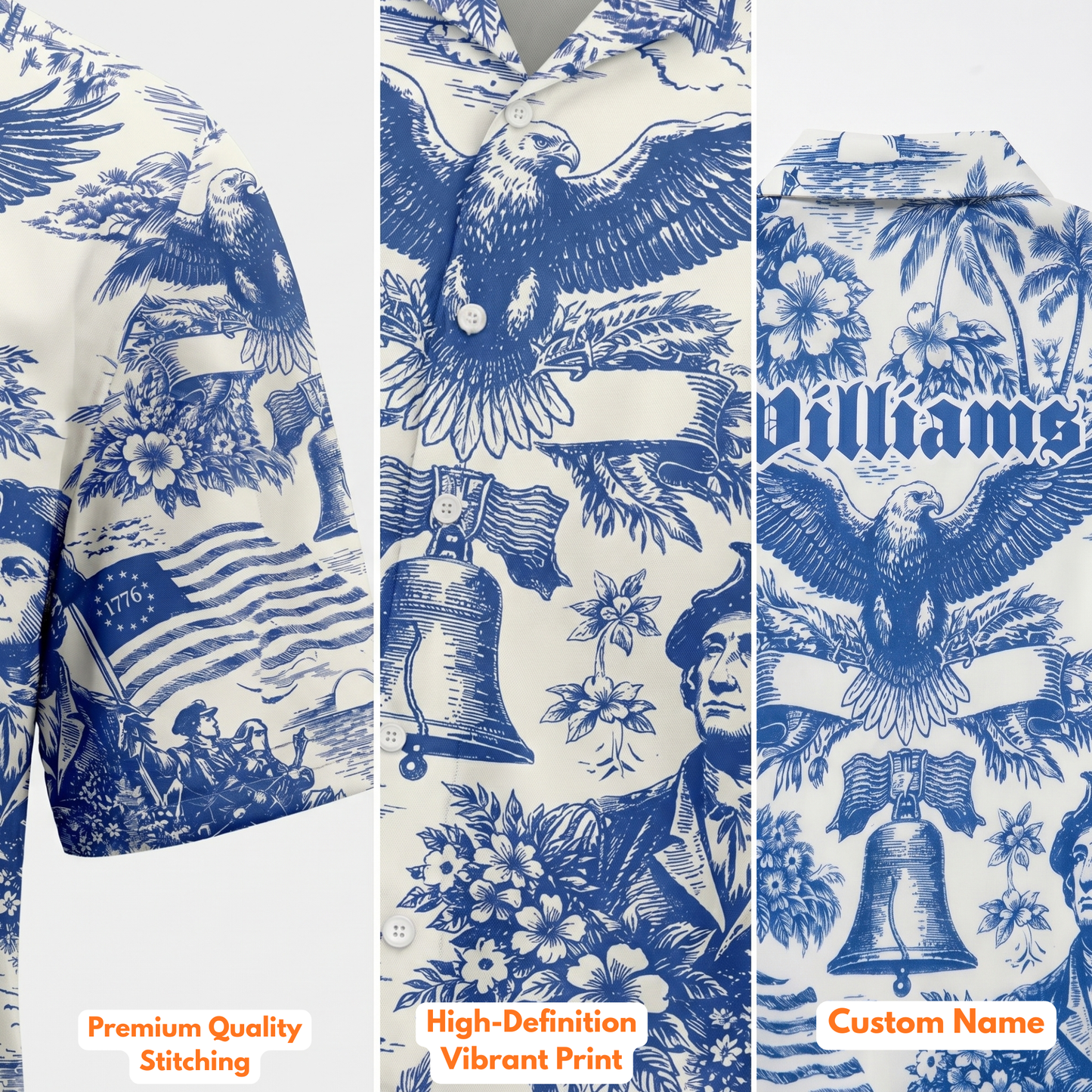 America 250th Anniversary Toile De Jouy Style Patriotic Hawaii Shirt