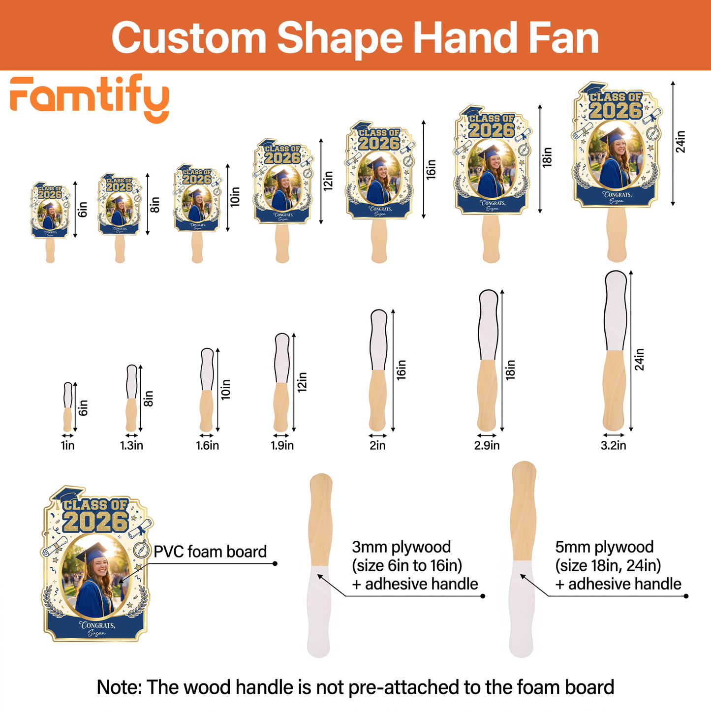 Personalized Class of 2026 Custom Shape Photo Hand Fan, Graduation Party Fan with Photo & Name