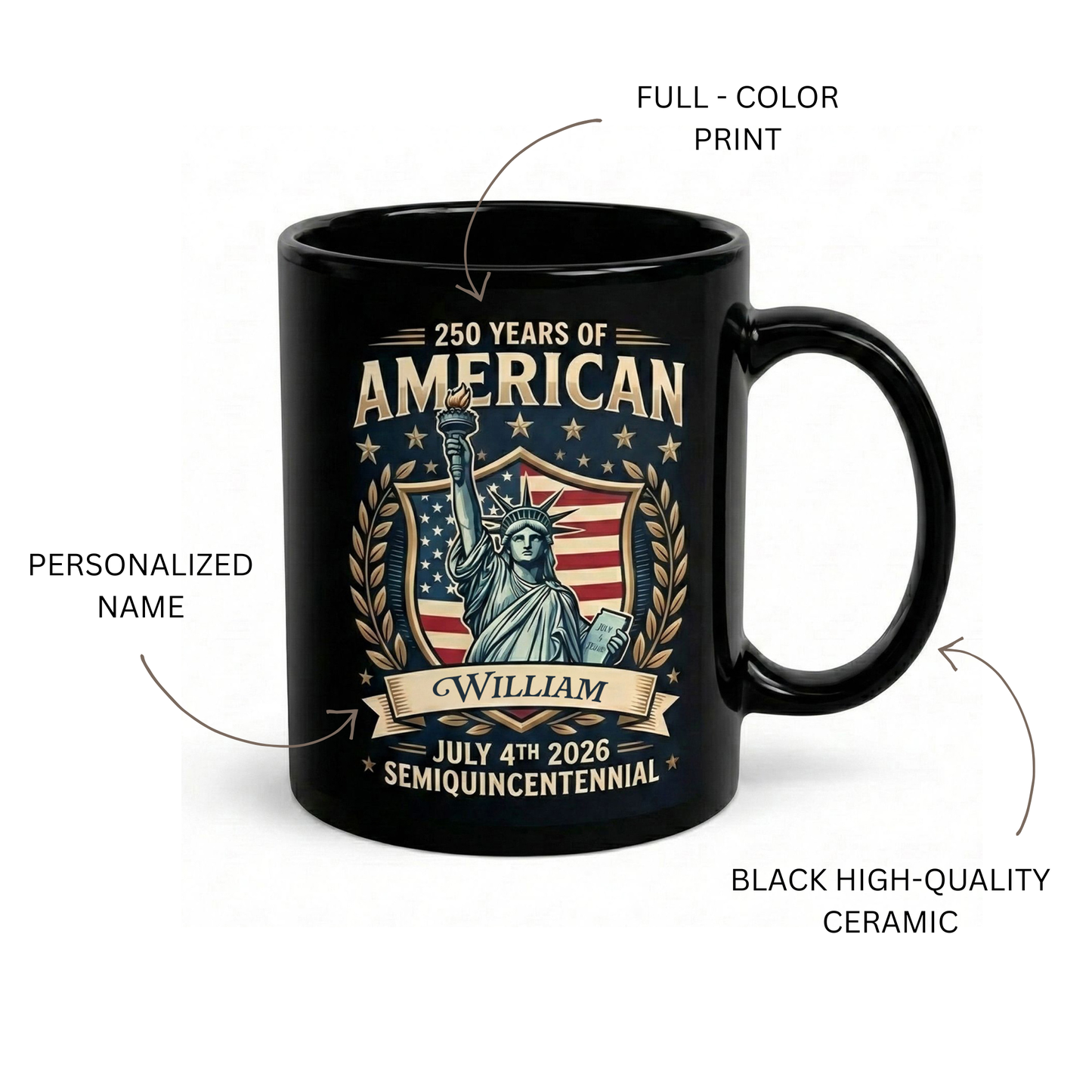 America 250 Semiquincentennial Personalized Black Mug – Custom Name July 4th 2026 Patriotic Mug