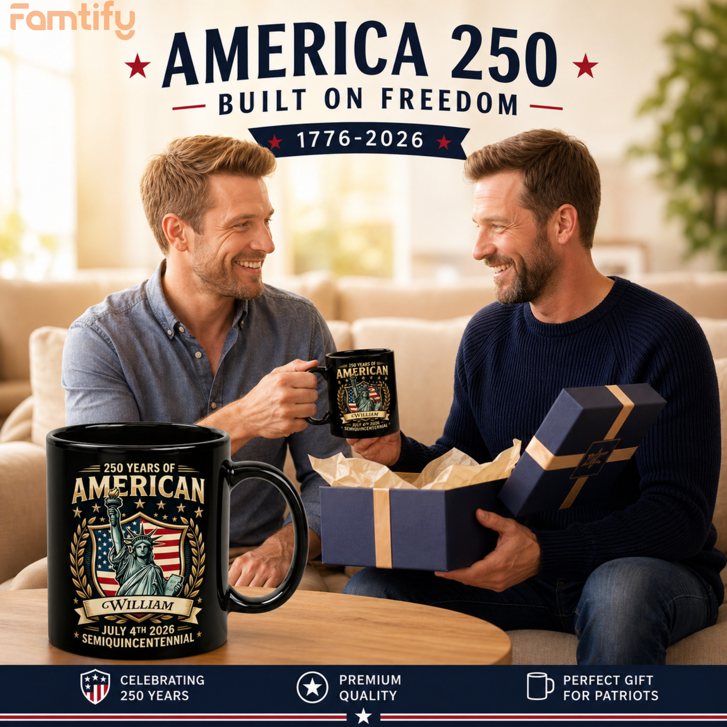 America 250 Semiquincentennial Personalized Black Mug – Custom Name July 4th 2026 Patriotic Mug