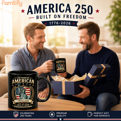 America 250 Semiquincentennial Personalized Black Mug – Custom Name July 4th 2026 Patriotic Mug