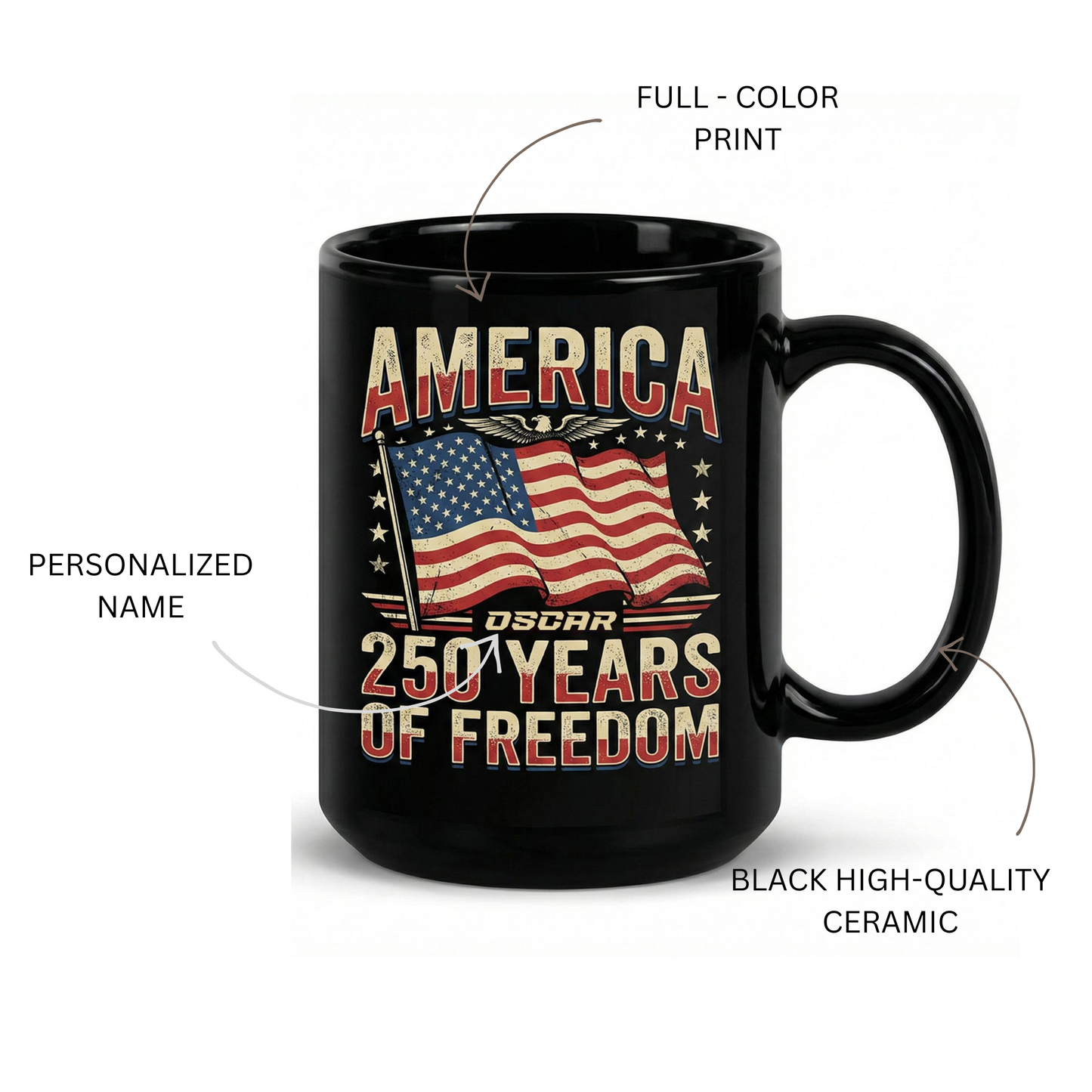 America 250 Years of Freedom Personalized Black Mug – Custom Name Patriotic Independence Day Mug