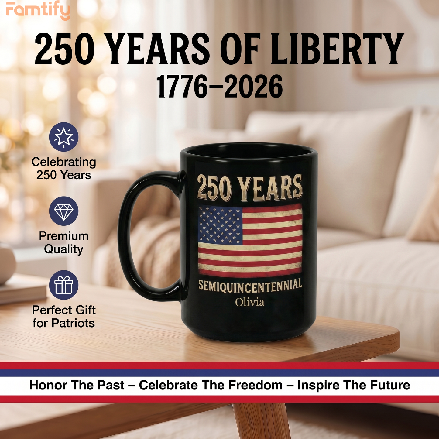 America 250 Semiquincentennial Personalized Black Mug – Custom Name Patriotic USA Flag Mug 1776–2026