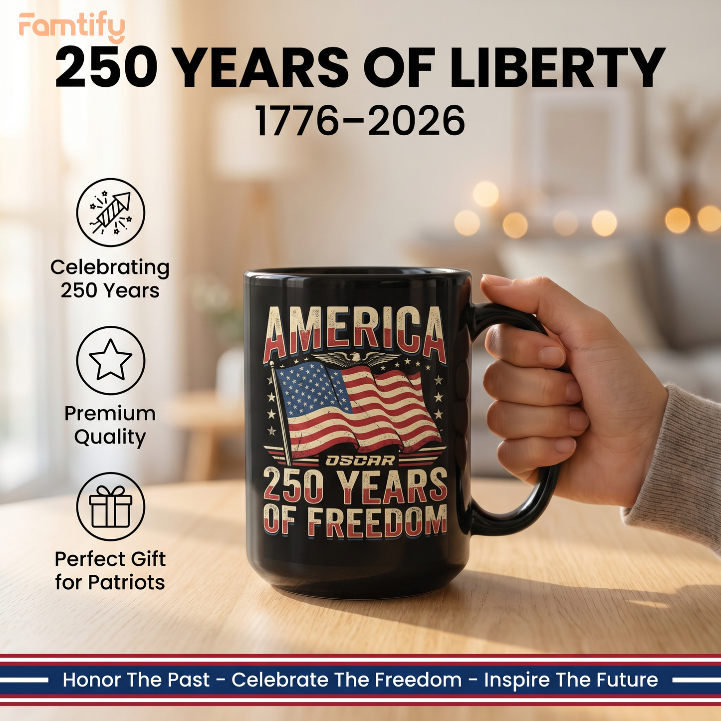 America 250 Years of Freedom Personalized Black Mug – Custom Name Patriotic Independence Day Mug