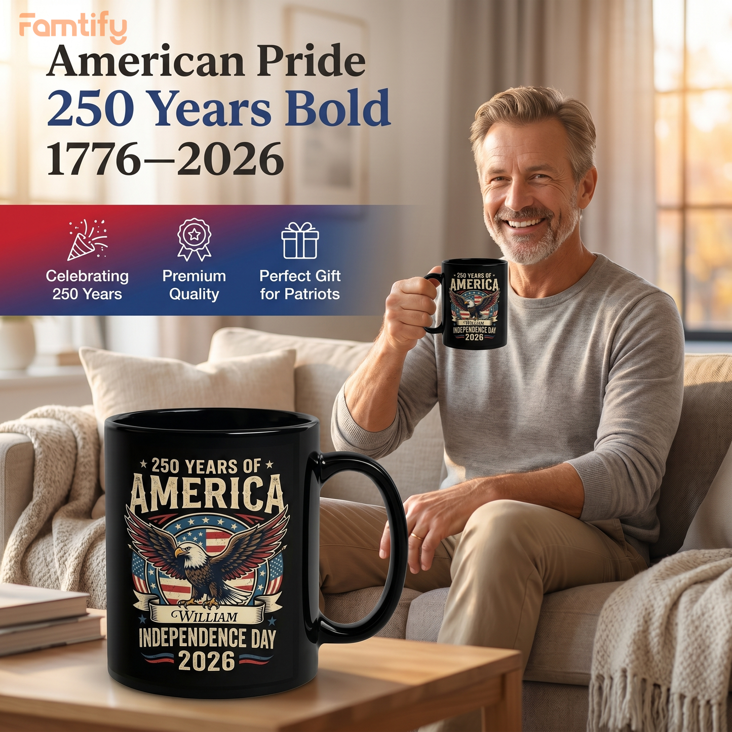 America 250 Independence Day 2026 Personalized Black Mug – Custom Name Patriotic Eagle USA Mug
