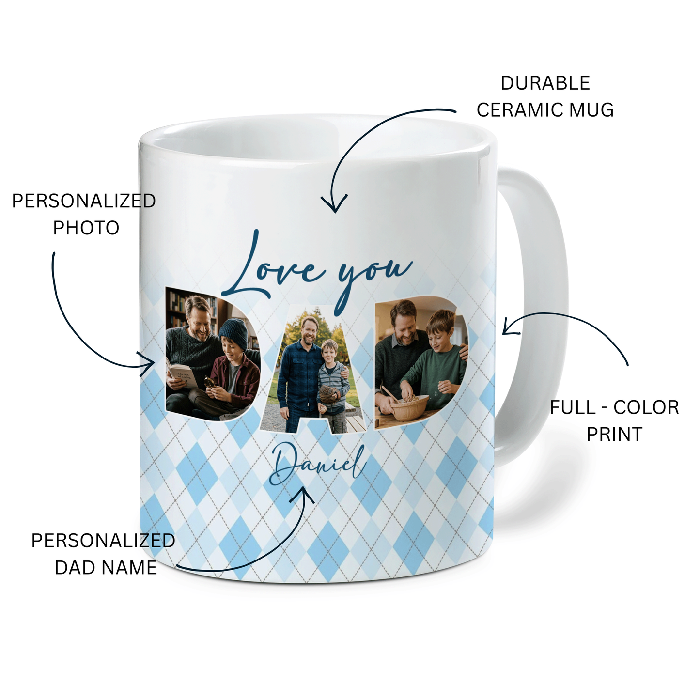 Personalized Love You Dad Photo Mug – Custom Name & Picture Coffee Cup for Father, Father’s Day Gift from Kids
