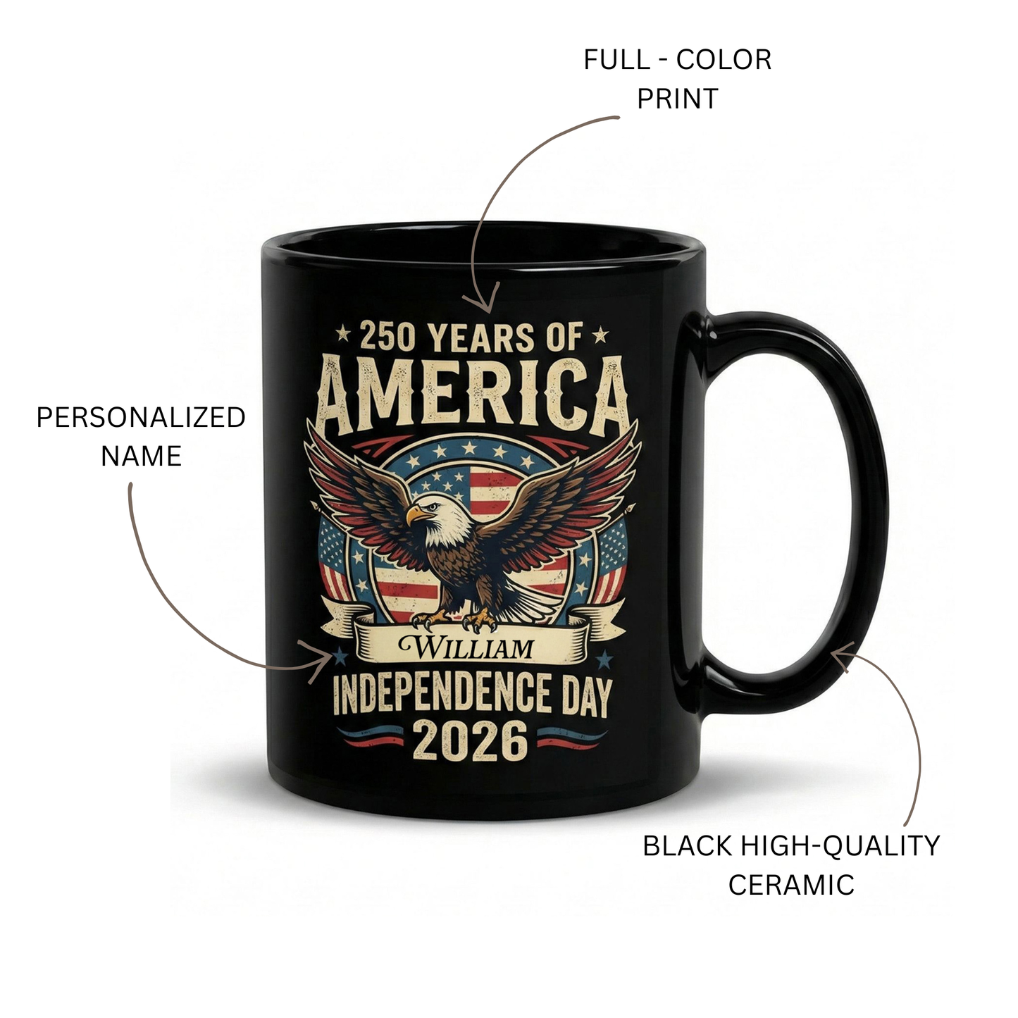 America 250 Independence Day 2026 Personalized Black Mug – Custom Name Patriotic Eagle USA Mug