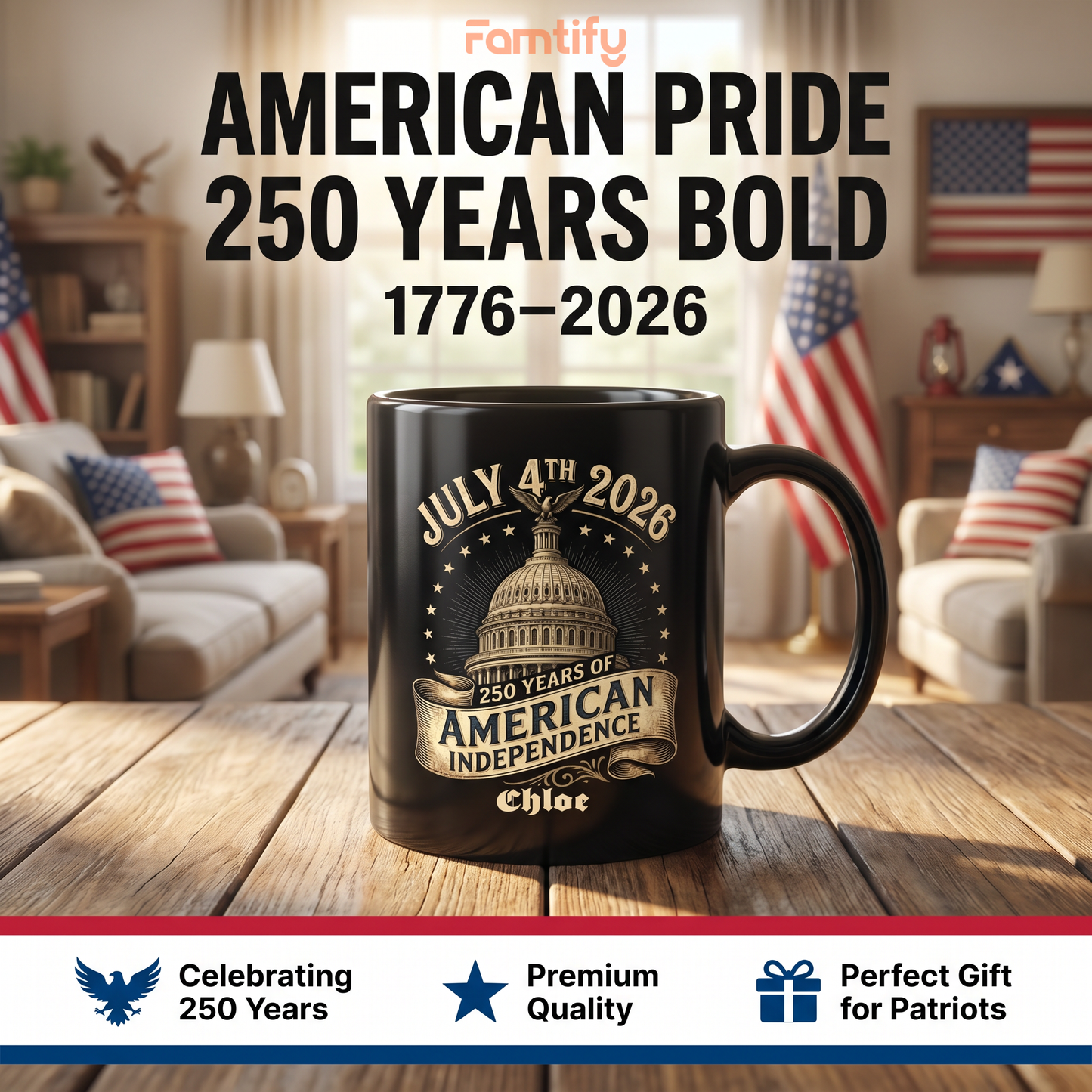 July 4th 2026 America 250 Personalized Black Mug – Custom Name 250 Years of American Independence Mug