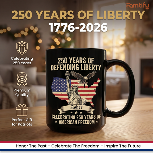 250 Years of Defending Liberty Personalized Black Mug - Custom Name America 250 Patriotic Mug