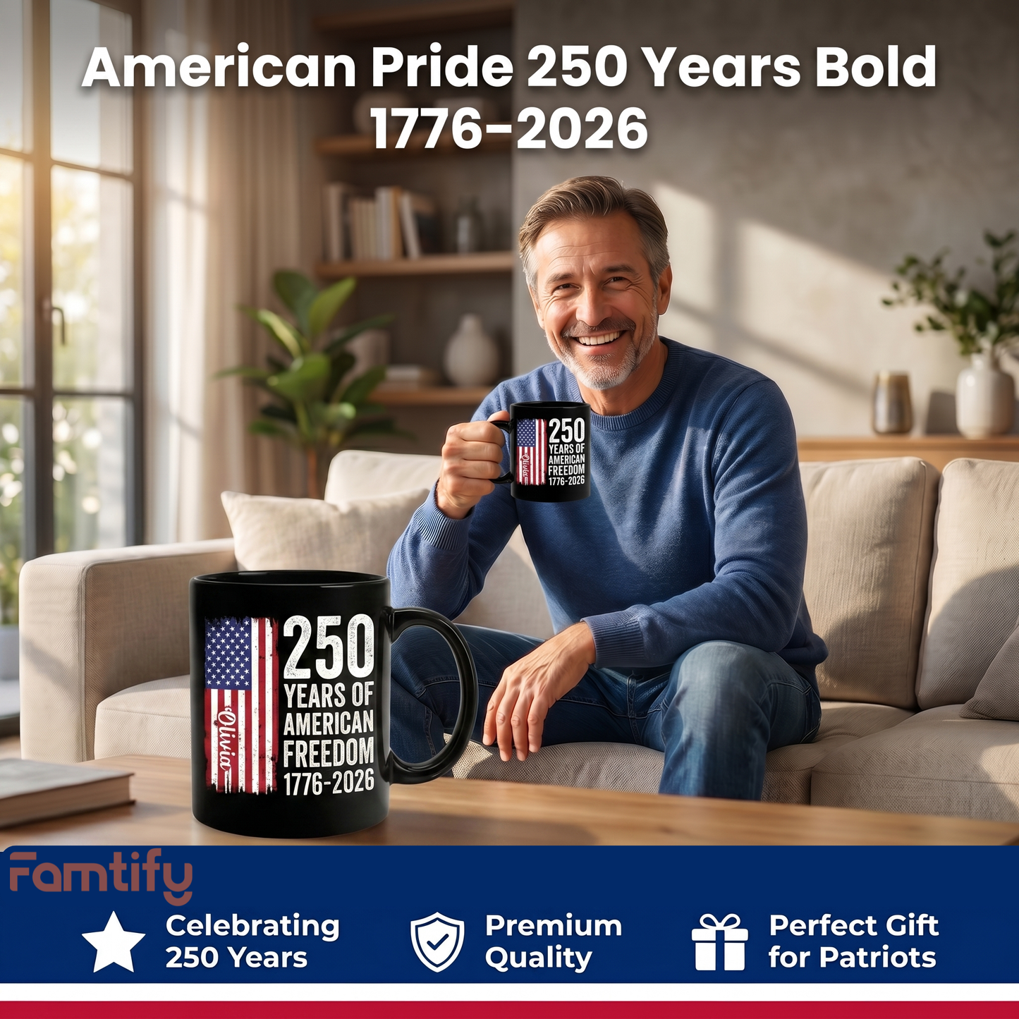 250 Years of American Freedom Personalized Black Mug – Custom Name America 250 Patriotic Mug 1776–2026