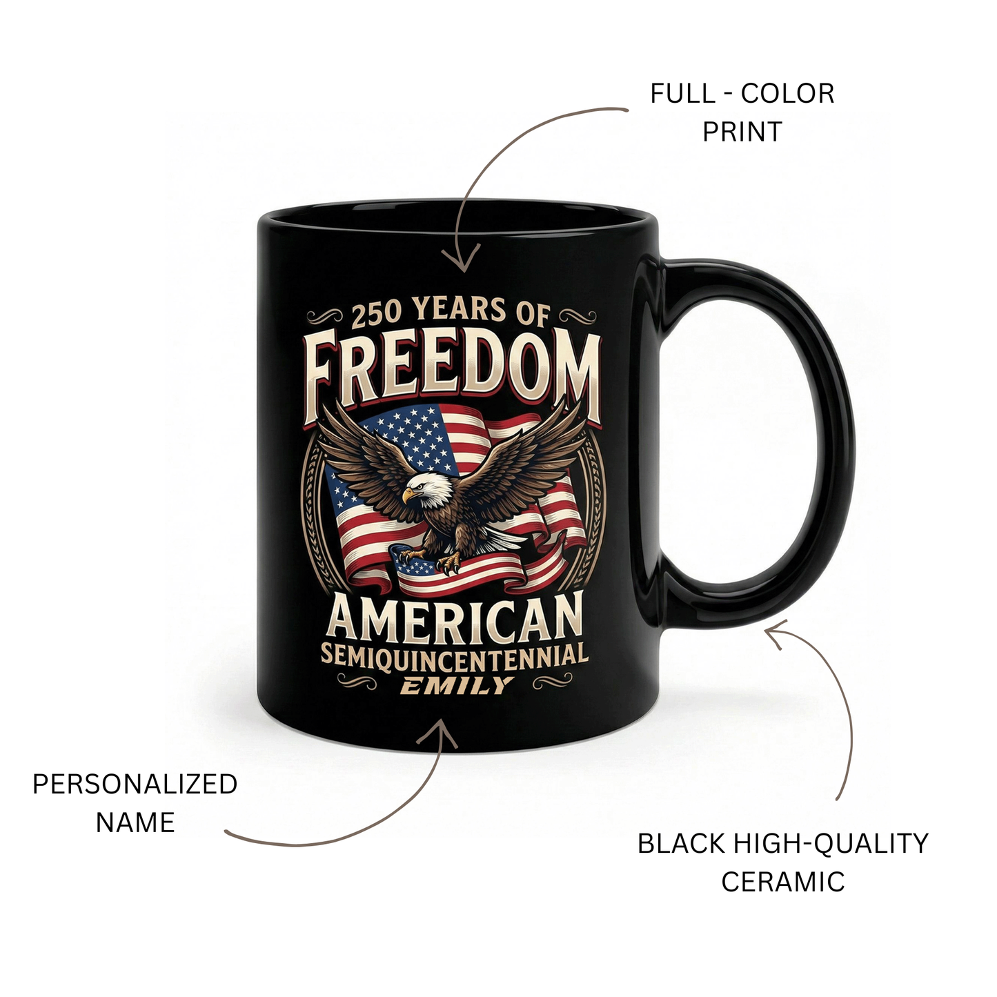 250 Years of Freedom America Personalized Black Mug – Custom Name Patriotic Semiquincentennial Mug