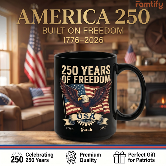 250 Years of Freedom USA Eagle Personalized Black Mug - Custom Name America 250 Patriotic Mug