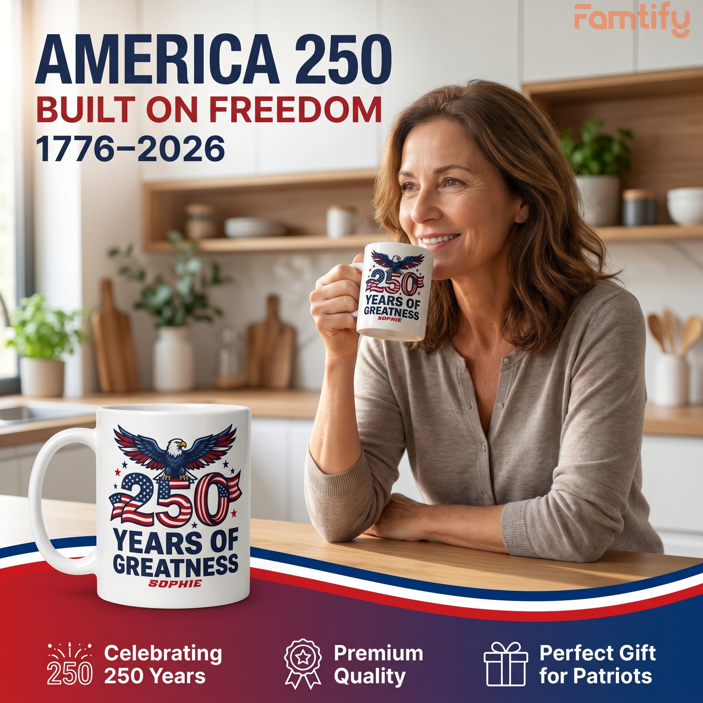250 Years of Greatness USA Personalized White Mug – Custom Name Patriotic America 1776–2026 Mug