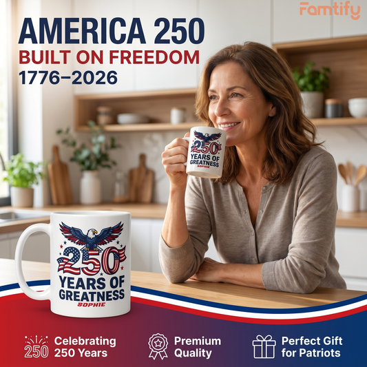 250 Years of Greatness USA Personalized White Mug - Custom Name Patriotic America 1776 - 2026 Mug