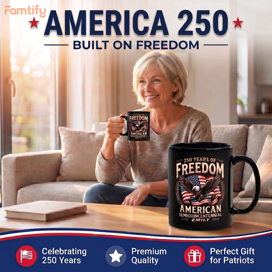 250 Years of Freedom America Personalized Black Mug - Custom Name Patriotic Semiquincentennial Mug