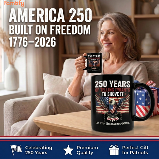250 Years of Telling Tyrants to Shove It Personalized Black Mug - Custom Name Patriotic American Independence Mug
