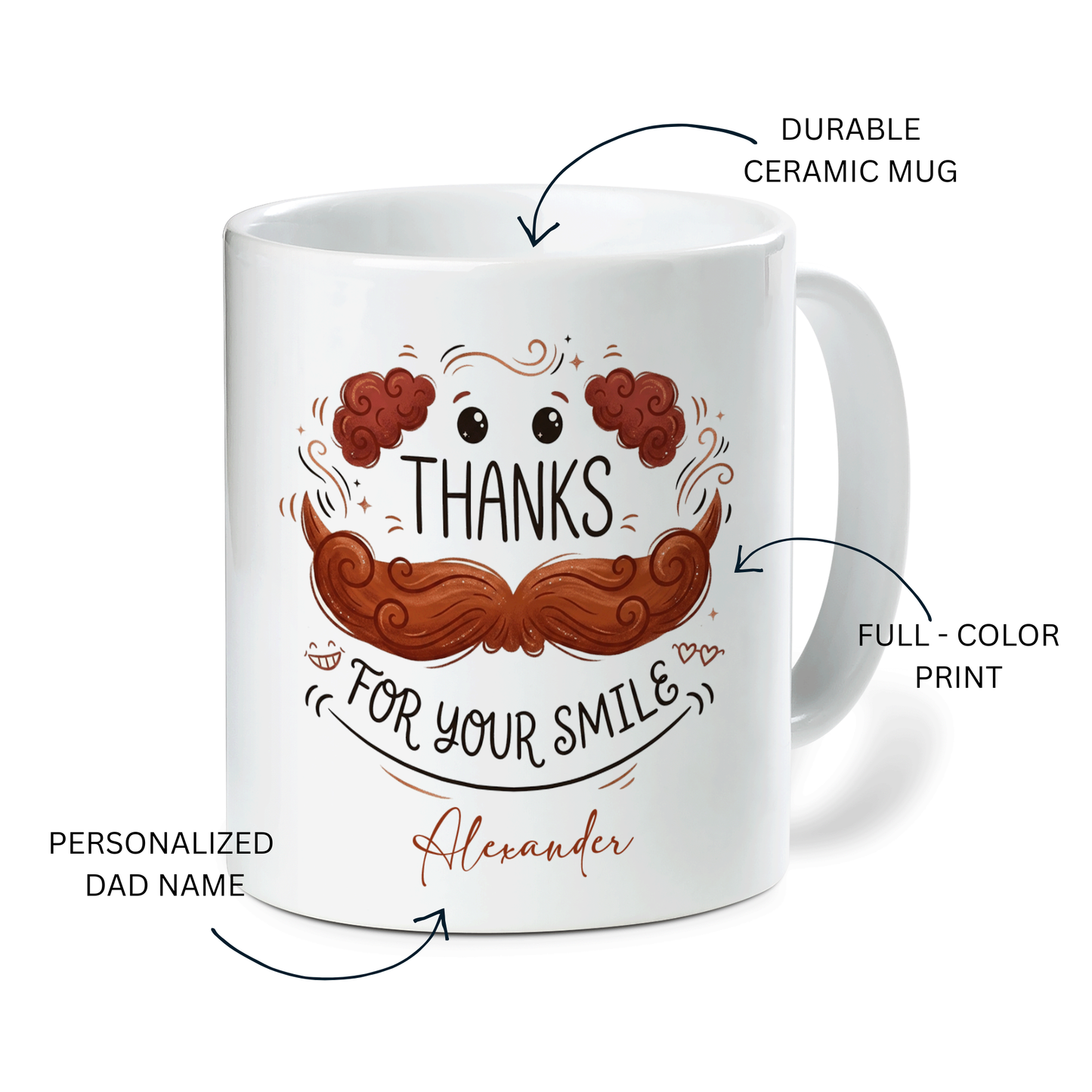 Custom Name Dad Mug – Thanks for Your Smile Funny Mustache Coffee Cup, Personalized Gift for Father
