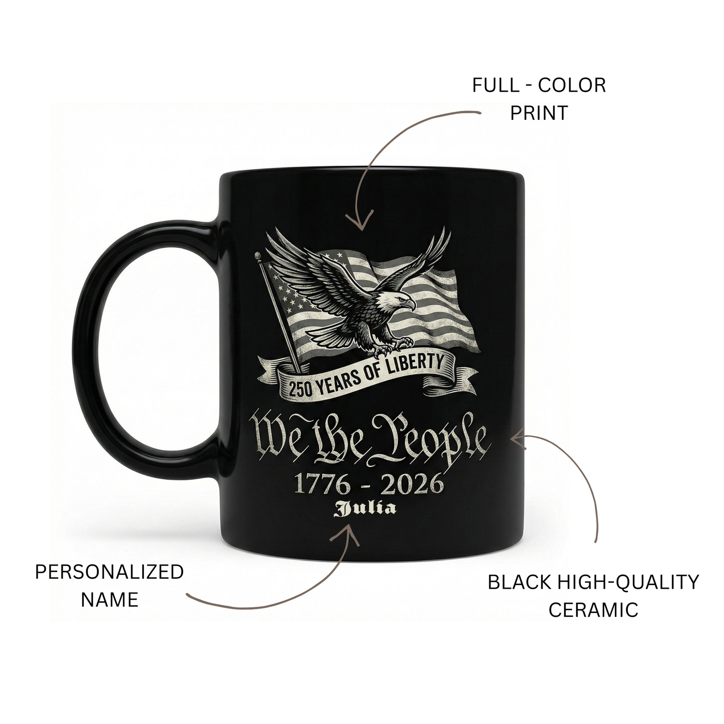 250 Years of Liberty We The People Personalized Black Mug – Custom Name American Eagle 1776-2026 Mug