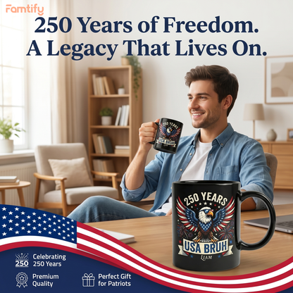 250 Years USA Bruh Personalized Black Mug – Funny Patriotic Eagle 1776-2026 Custom Name Mug