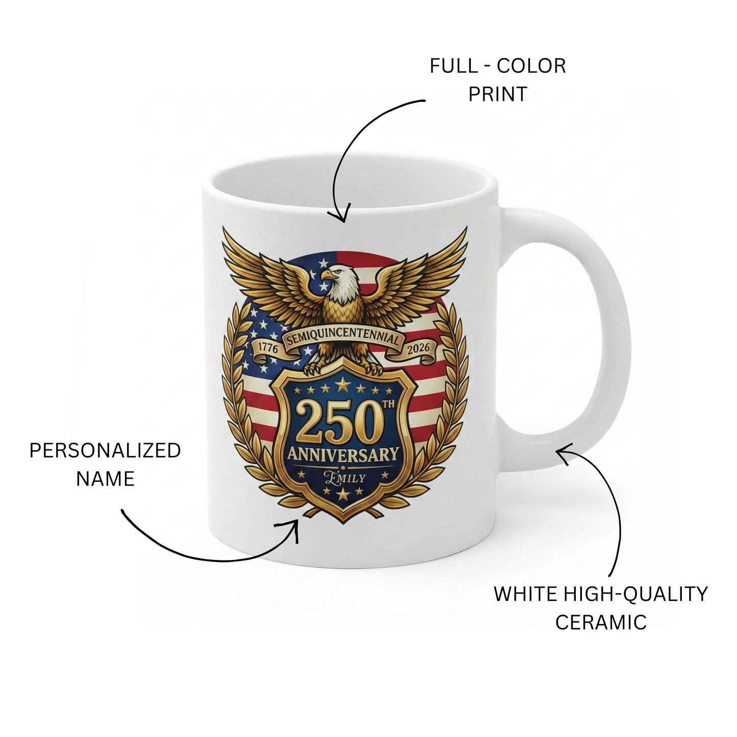 250th Anniversary Semiquincentennial Personalized White Mug – Custom Name Patriotic USA 1776–2026 Mug