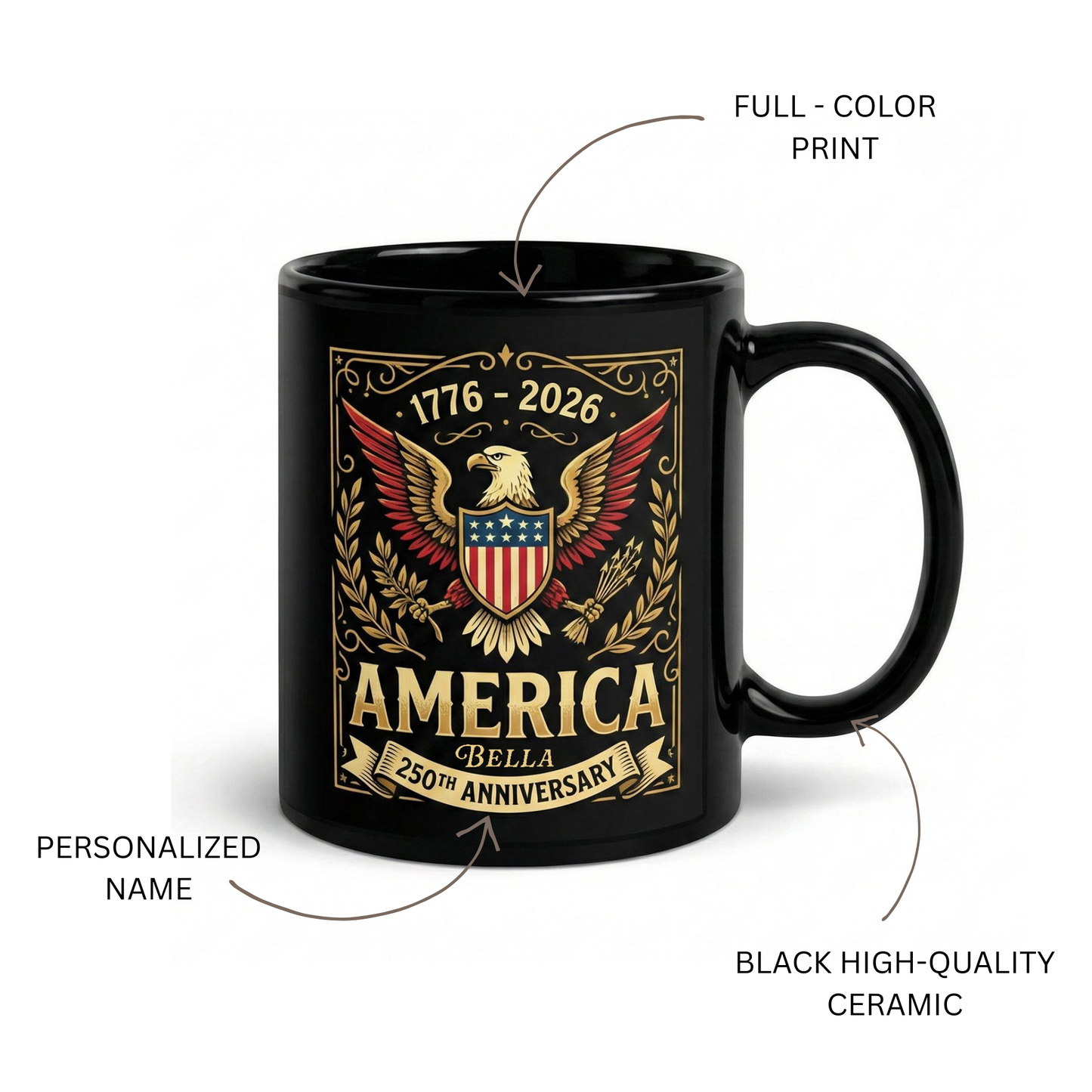 America 250th Anniversary Personalized Black Mug – Custom Name Patriotic Eagle 1776–2026 Mug
