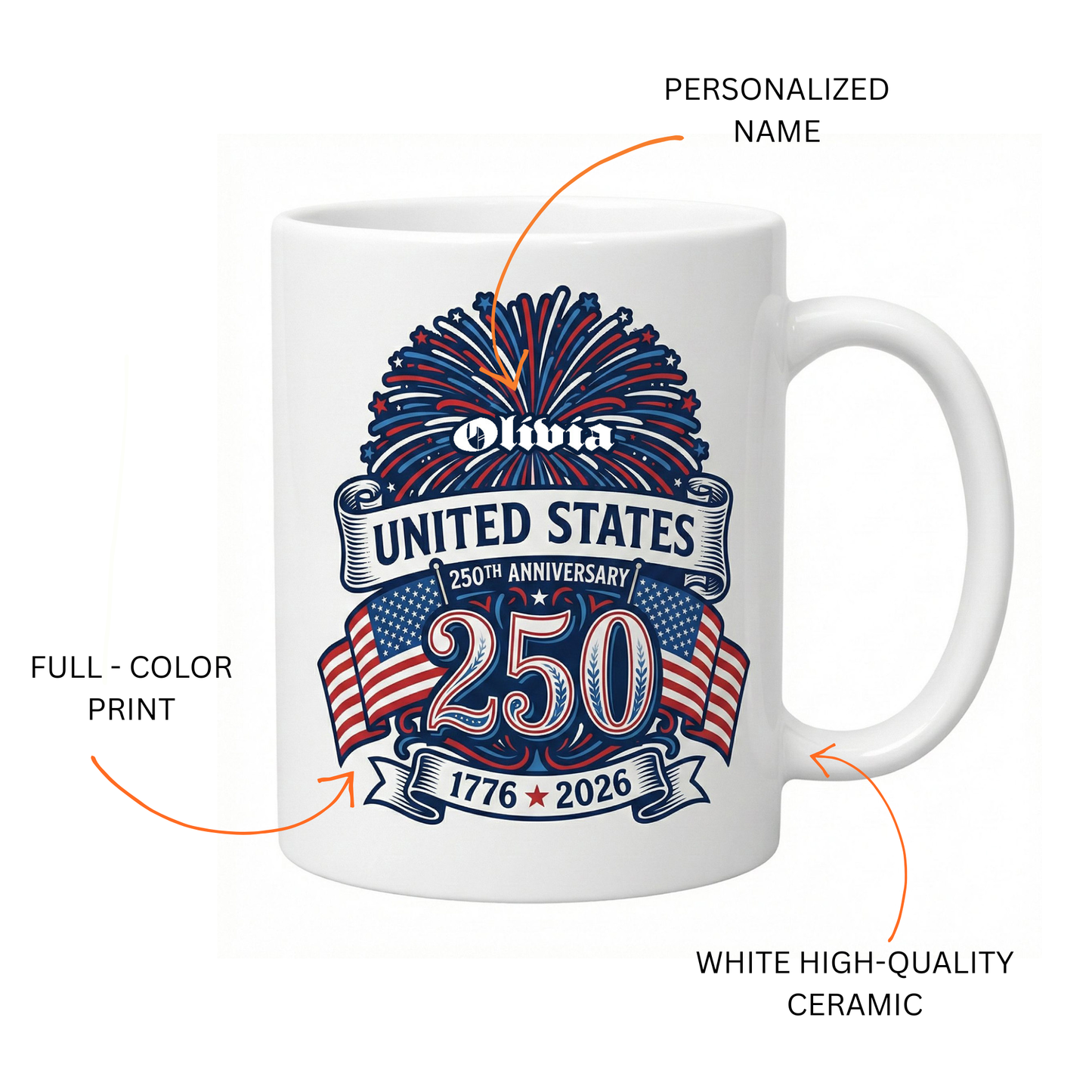 United States 250th Anniversary Personalized White Mug – Custom Name America 1776–2026 Fireworks Mug