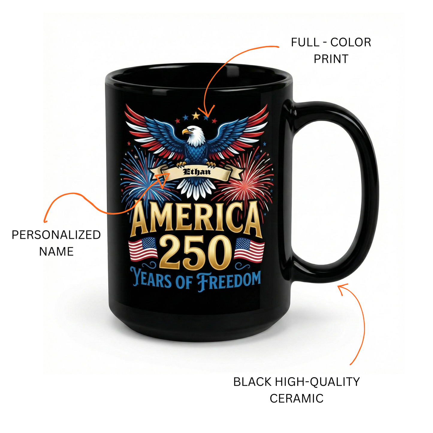 America 250 Years of Freedom Personalized Black Mug – Custom Name Patriotic Fireworks 1776–2026 Mug