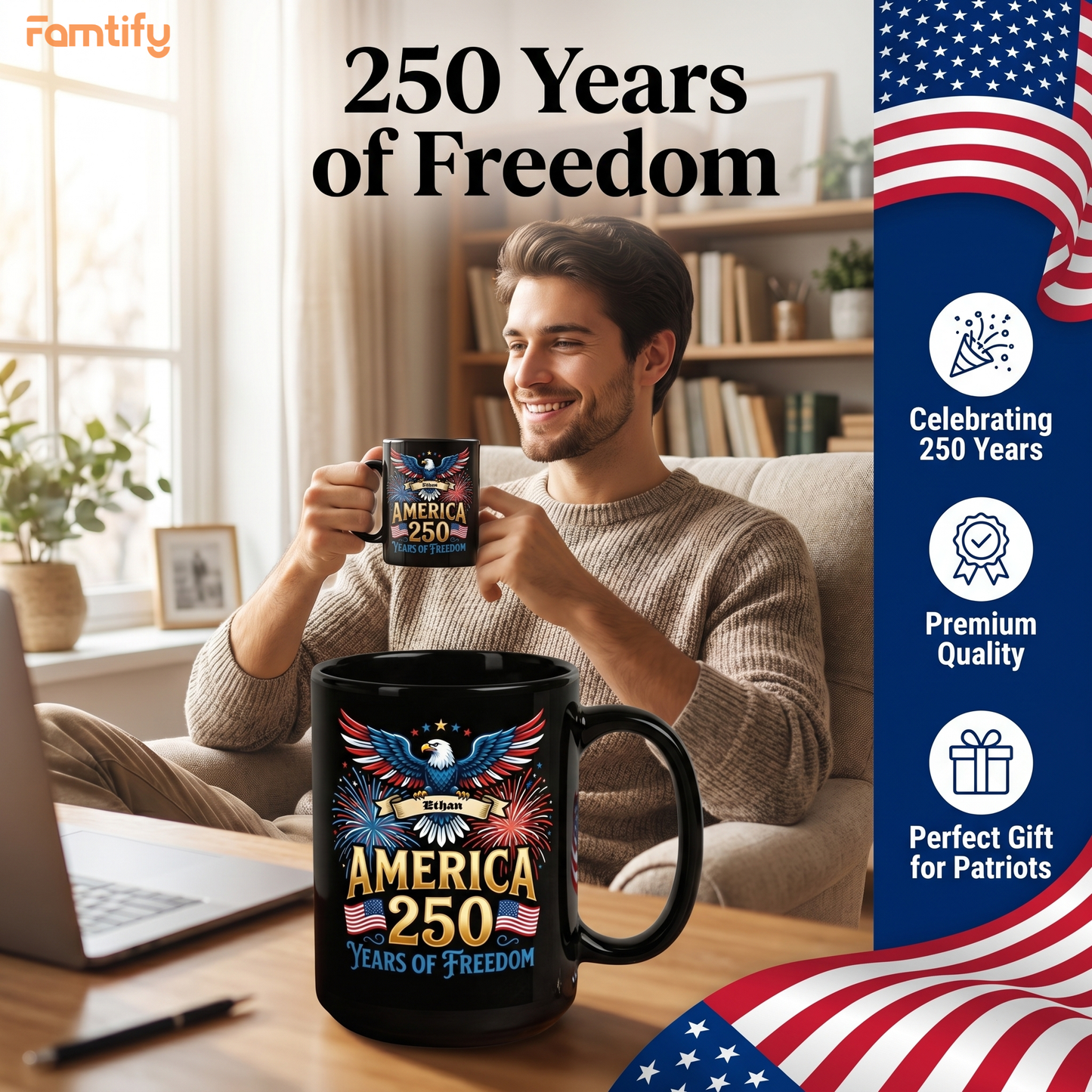 America 250 Years of Freedom Personalized Black Mug – Custom Name Patriotic Fireworks 1776–2026 Mug