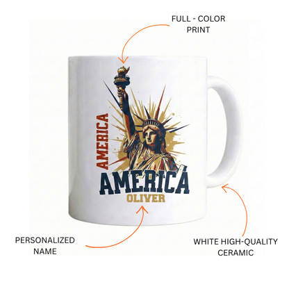 America 250 Statue of Liberty Personalized White Mug – Custom Name USA 1776–2026 Anniversary Mug
