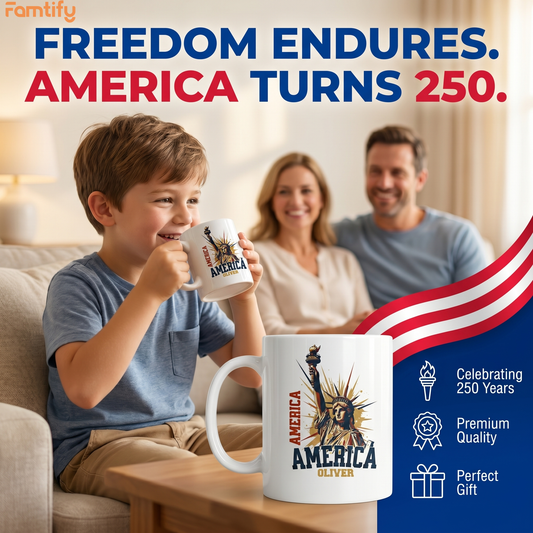 America 250 Statue of Liberty Personalized White Mug - Custom Name USA 1776 - 2026 Anniversary Mug
