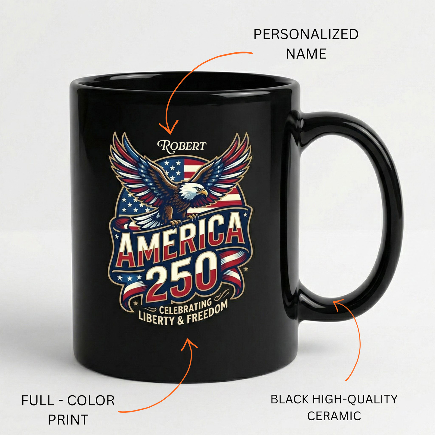 America 250 Celebrating Liberty & Freedom Personalized Black Mug – Custom Name Patriotic Eagle Mug
