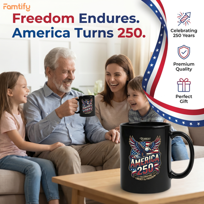 America 250 Celebrating Liberty & Freedom Personalized Black Mug – Custom Name Patriotic Eagle Mug