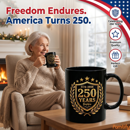 America 250 Years Personalized Black Mug – USA 1776-2026 250th Anniversary Patriotic Mug