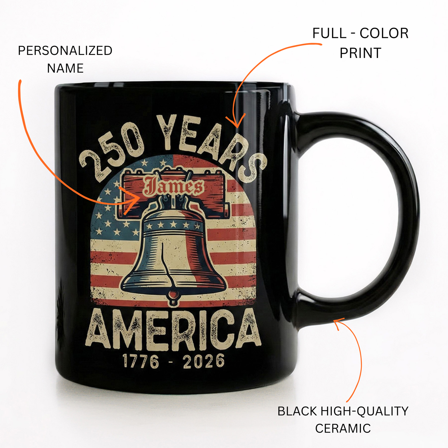 America 250 Liberty Bell Personalized Black Mug – USA 1776-2026 250 Years Patriotic Mug