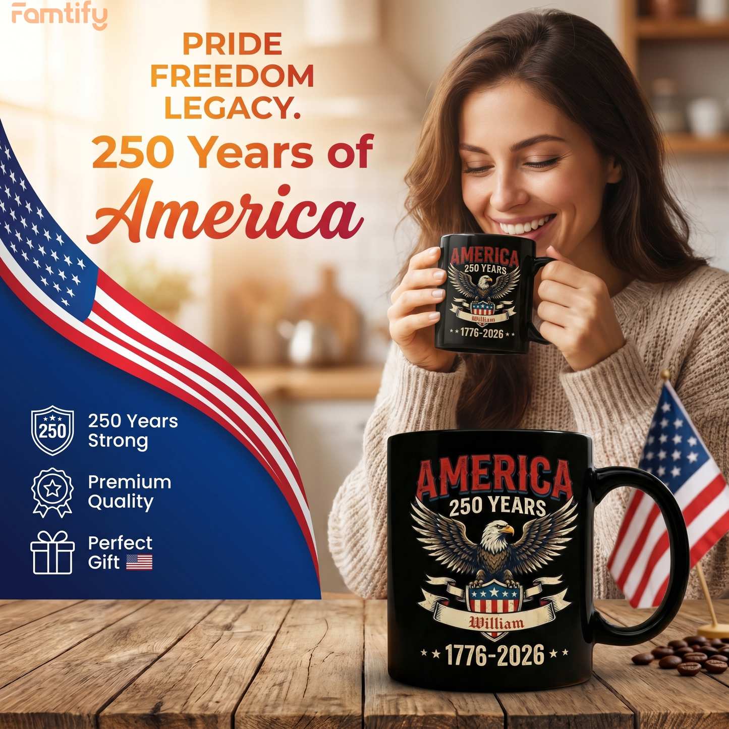 America 250 Years Patriotic Eagle Personalized Black Mug – USA 1776-2026 Independence Anniversary Mug